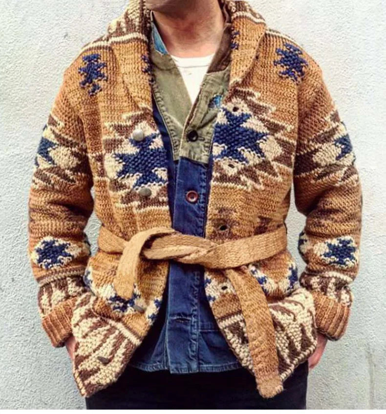 Europe and The United States Men Heavy Jacquard Fashion Sweater Autumn and Winter Retro Casual Thick Cardigan Knit Sweater Coat