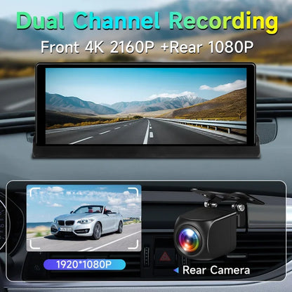 Srnubi 10.26 inch 4K ADAS Car DVR with 360° Rotation Dash Cam Wireless Carplay Android Auto Mirror Link BT WIFI AUX FM Dashboard