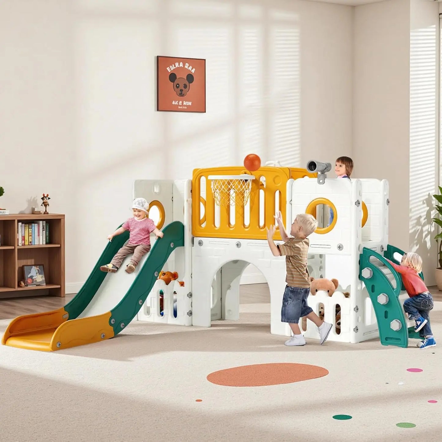 Toddler Slide, 9 in 1 Kids Slide and Climber Playset Indoor Outdoor Playground for Children, w/Basketball Hoop & Ball Telescope