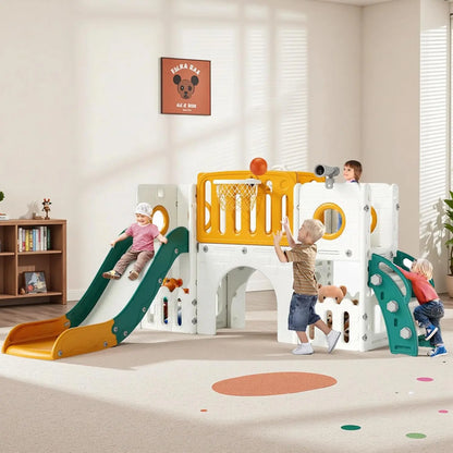 Toddler Slide, 9 in 1 Kids Slide and Climber Playset Indoor Outdoor Playground for Children, w/Basketball Hoop & Ball Telescope