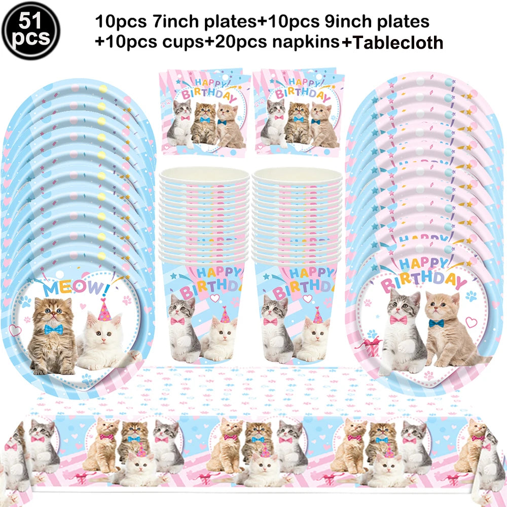Cat Party Paper Plates Cups Napkins Party Supplies Cat Face Happy Birthday Banner Tablecloth for Cat Themed Birthday Party Decor