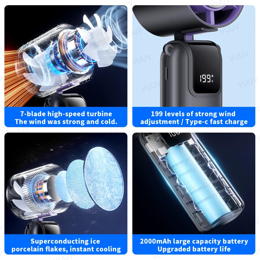 Ice Cooling Handheld Fan 199 Speeds Turbo Portable USB Desk Fan Foldable / Hangable for Outdoor Fast Chill Ice Compress