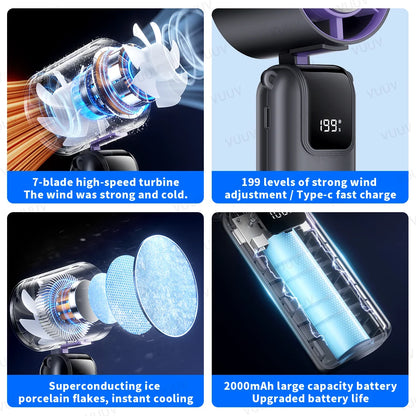 Ice Cooling Handheld Fan 199 Speeds Turbo Portable USB Desk Fan Foldable / Hangable for Outdoor Fast Chill Ice Compress
