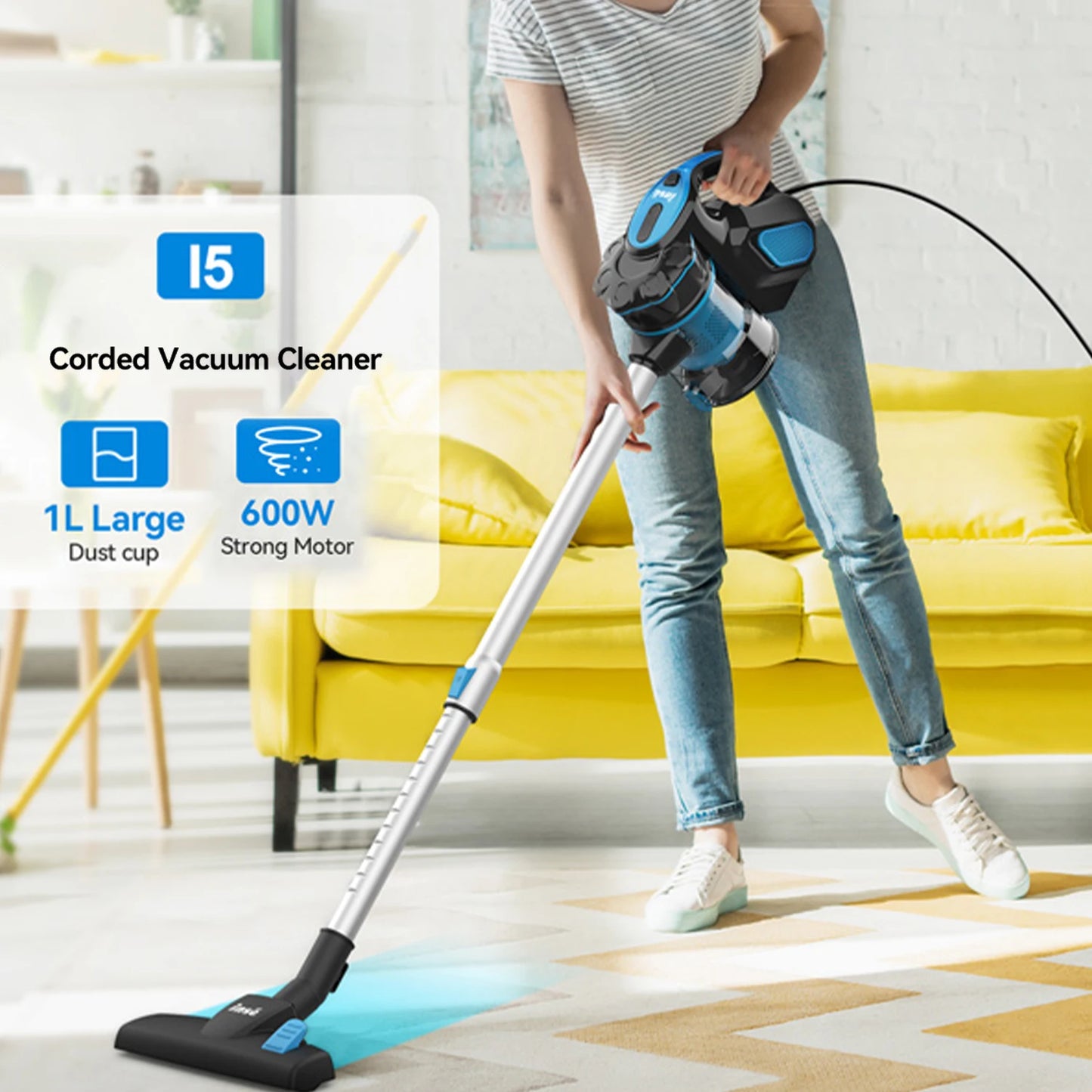 INSE Corded Vacuum Cleaner, 18000Pa Wired Stick Vacuum Cleaner Broom for Hard Floor, I5(Red, Blue)