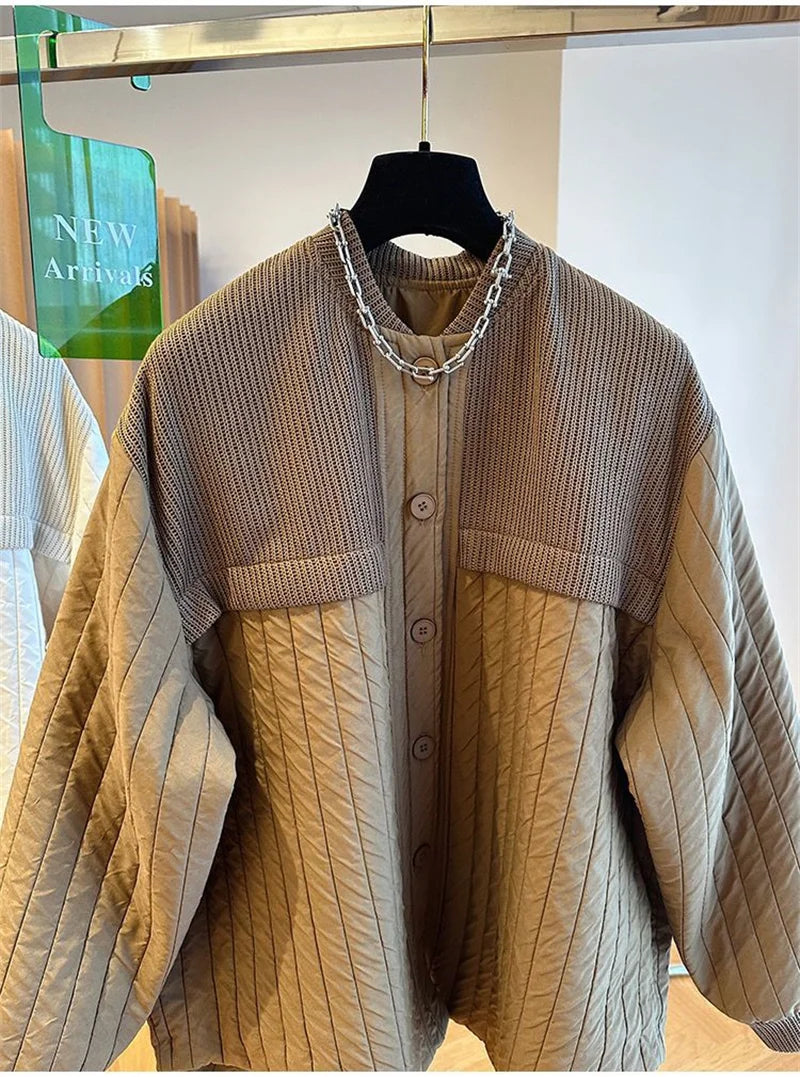 Women Autumn Advanced Design Sense, Niche Loose Casual Knit Stitching, Striped Cotton Coat Winter Light Thin Small Cotton Jacket