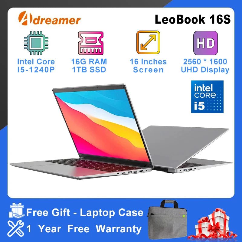 Adreamer 16 Inch Laptop LeoBook16S 2560*1600 IPS 60Hz CPU Intel Core i5-1240P 16GB RAM SSD 1TB 16" Business Desktop Laptop