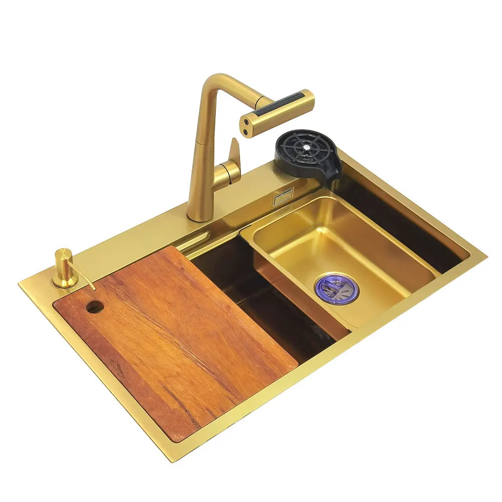 Gold Waterfall Faucet Kitchen Sink Nano Sink 304 Stainless Steel Golden Topmount Single Bowl Wash Basin 4 Function Kitchen Faucet