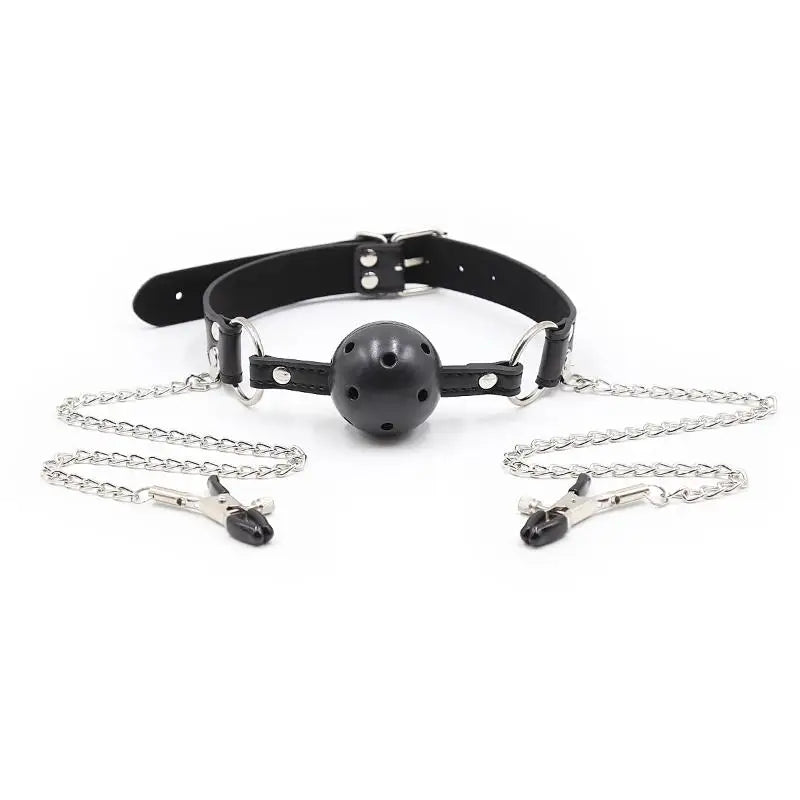 Erotic Toy PU Leather Mouth Gag Ball Oral Sex With Chain Clip Breast Nipple Clamps Bondage Harness Sex Toys Adult Games