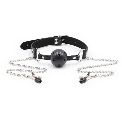 Erotic Toy PU Leather Mouth Gag Ball Oral Sex With Chain Clip Breast Nipple Clamps Bondage Harness Sex Toys Adult Games