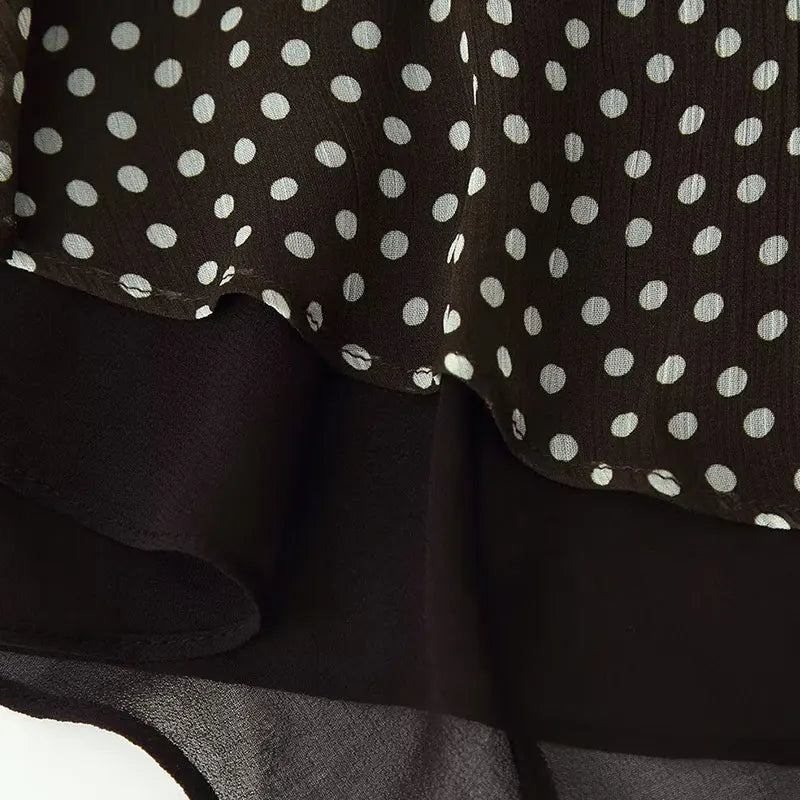 Nlzgmsj 2026 Spring Summer Women's Vintage Black Polka Dot Ruffle Hem Skirt  Asymmetrical Hem Midi Skirt