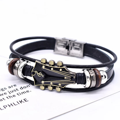 Retro Faux Leather Guitar Bracelet, Punk Rock Music Guitar Genuine Leather Bracelet, Handmade Braided Multi-Layer Wrap Bracelet