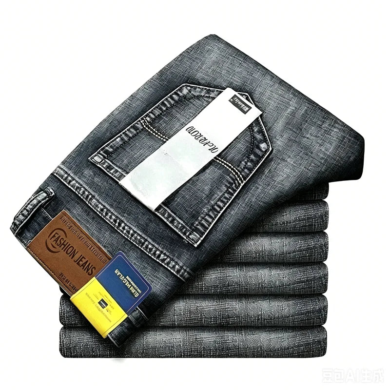 2026 Brand Slim Washed Jeans Casual Straight Stretch Fashion Classic Blue Black Work Denim Trousers Male Brand Clothing