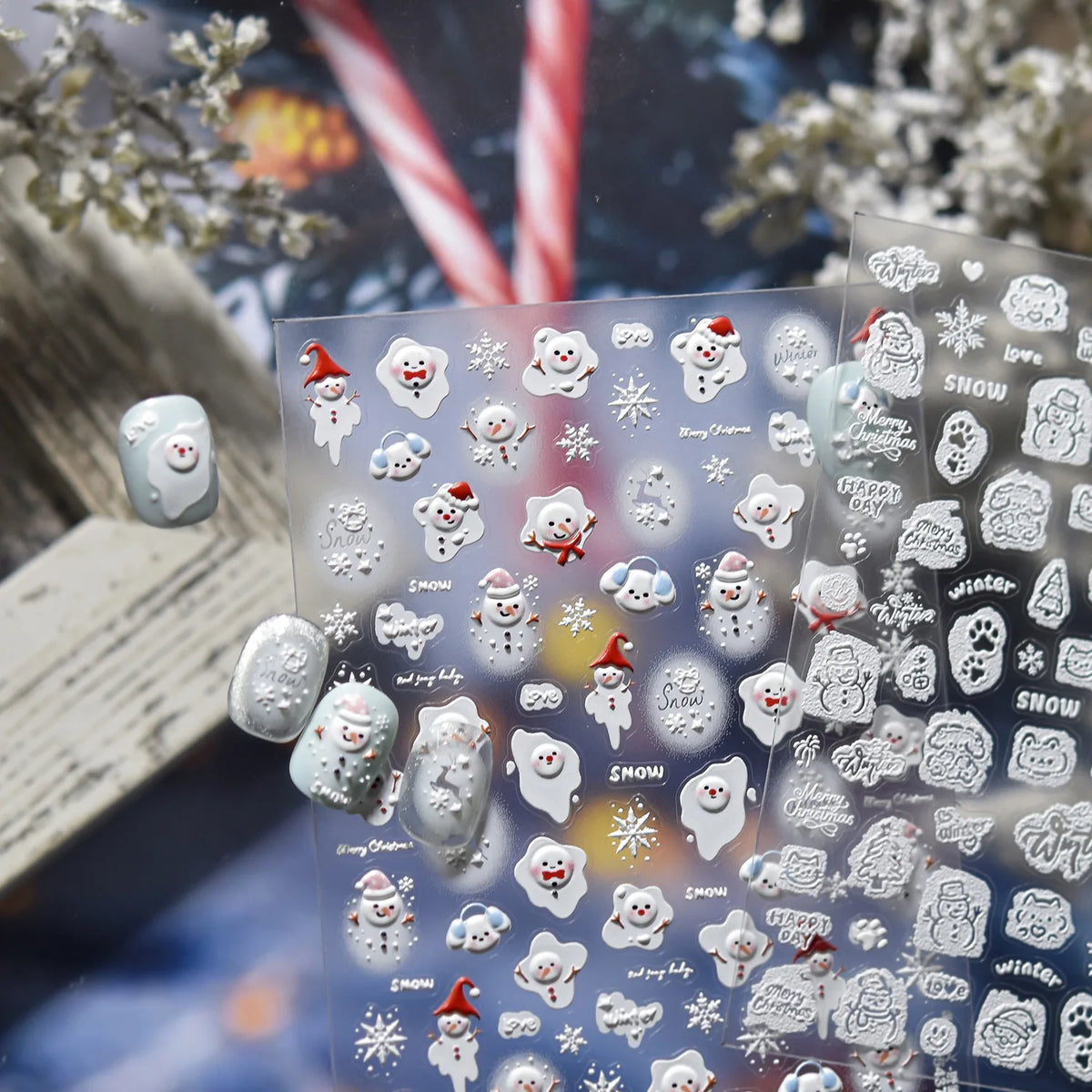 5D Embossed Mini Snowman Snow Nail Decorations Stickers Self Adhesive Nail Stickers Winter Christmas Nail Art Accessories Decals