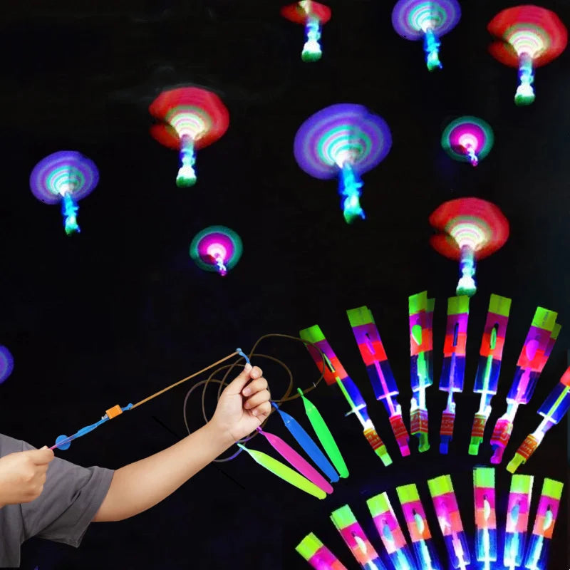 Outdoor Flash Rocket Toy LED Lights Glowing Slingshot Rocket Helicopter Flying Toy Party Fun Gift Rubber Band Ejector Toys