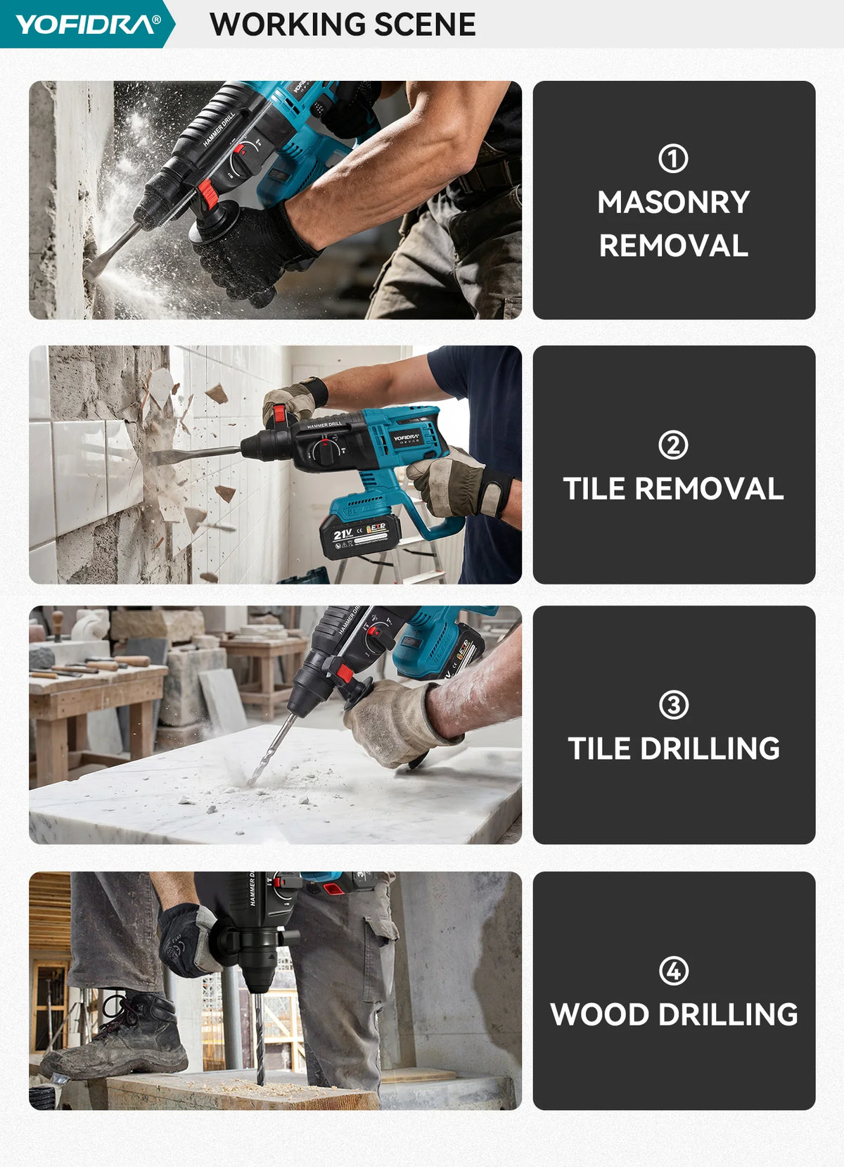 YOFIDRA 26mm Brushless Electric Rotary Hammer Cordless Multifunctional Impact Hammer Drill Power Tools For Makita 18-21V Battery Pin
