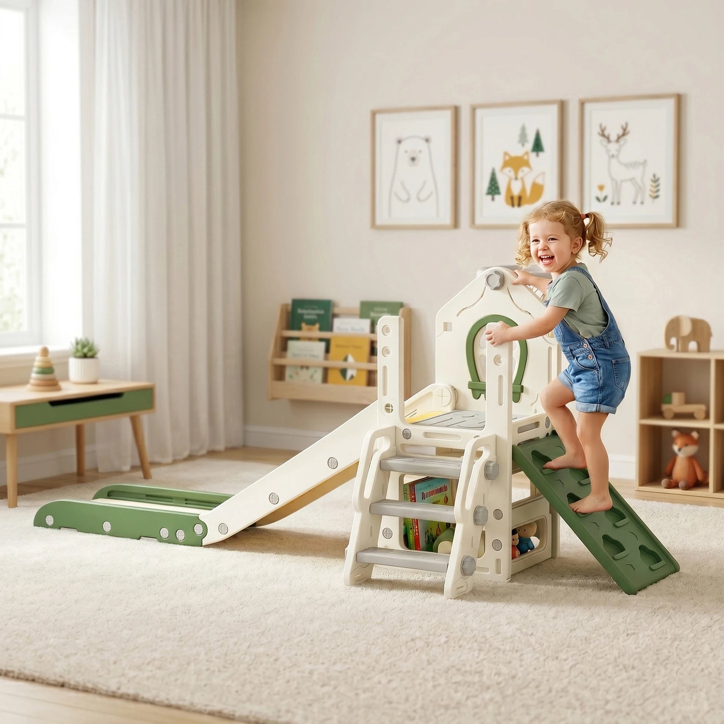 4-in-1 foldable slide with a climbing element, basketball hoop, storage space, and a basketball for children aged 1 to 3, cream white
