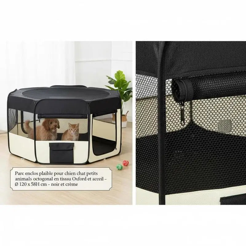 Foldable Enclosed Playpen for Dog Cat Small Animals Octagonal in Oxford Fabric and Steel - Ø 120 X 58H cm - Black and Cream