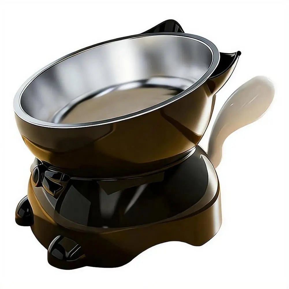 Elevated Stainless Steel Cat Bowl, Inclined Food & Water Dish with Cute Ear Stand, Neck Protection Design for Cats