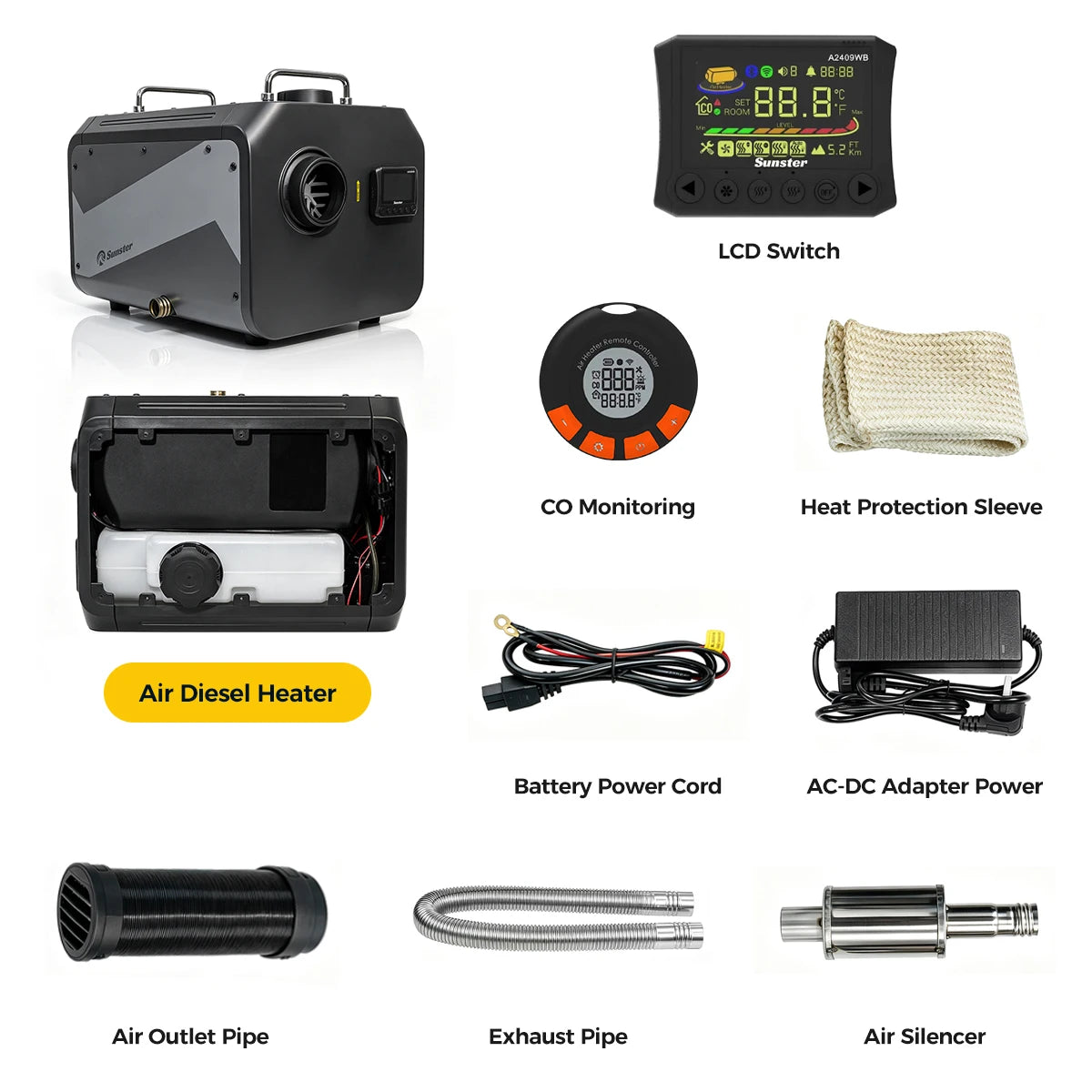 9KW Diesel Air Heater 12V/24V DC 110‑240V AC WiFi Bluetooth APP LCD Remote CO Monitor Altitude Mode For RV Truck Garage Camper