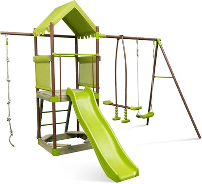 Play Tower, Climbing Frame with Swing, Slide, Climbing Rope, Glider Seats, Ladder and Sandpit, Outdoor Children's Climbing Tower