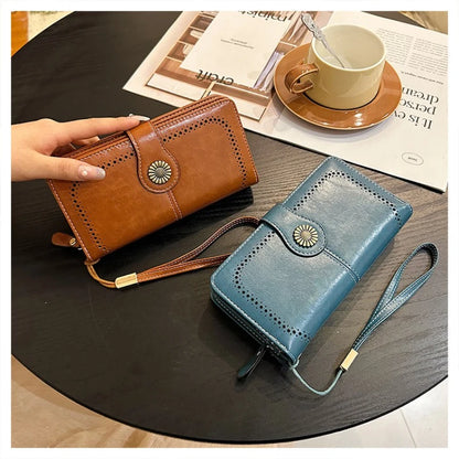 Vintage Hollow PU Long Wrist Wallet, Multi Card Slots Snap Zipper Ladies Purse For ID Cards Cash Bank Cards