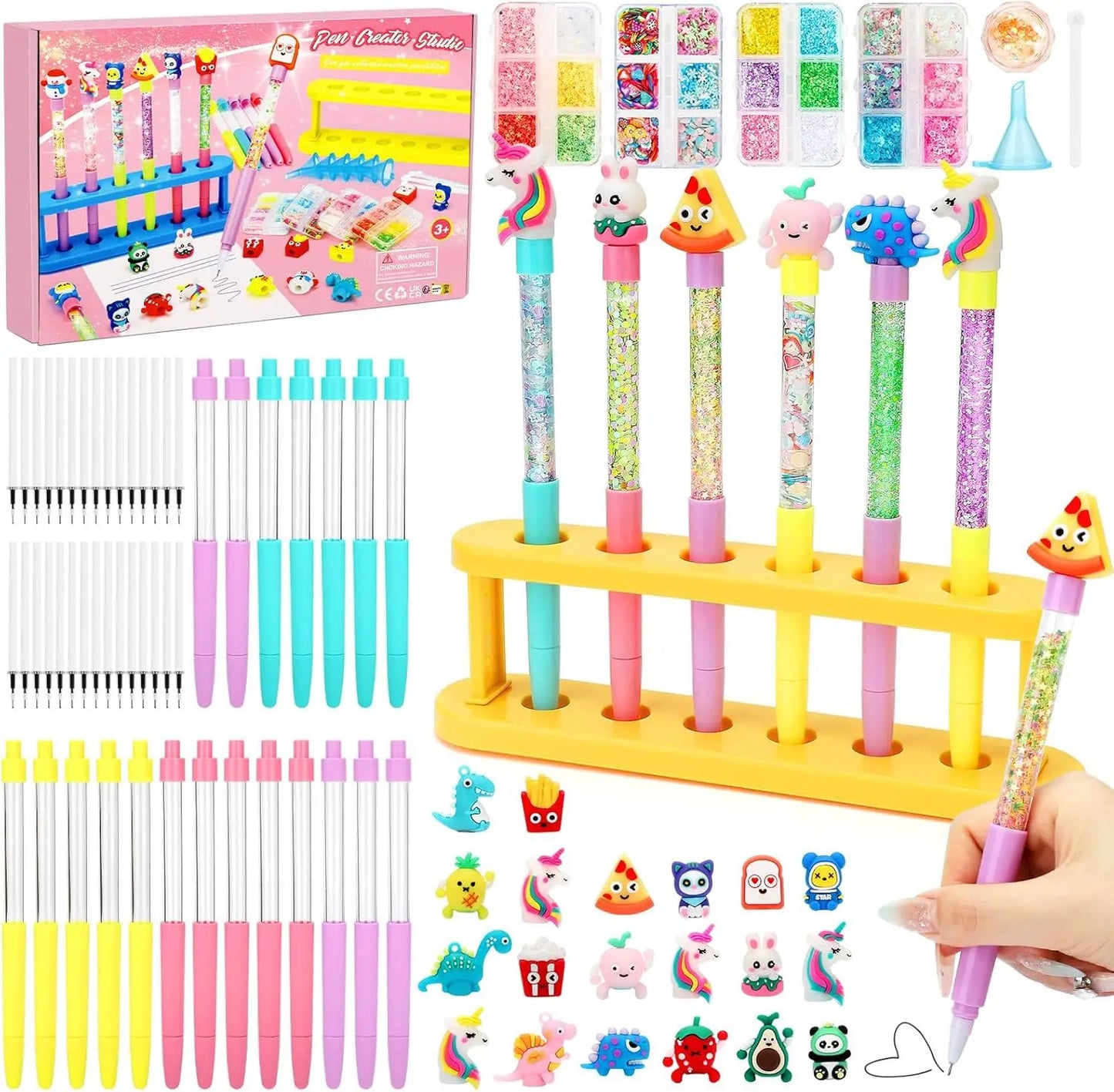 DIY Glitter Pen Making Kit Kids Craft Supplies 80+ Pieces Handmade Art Set Make 16 Pens Cartoon Decor Birthday Gift for Girls Bo