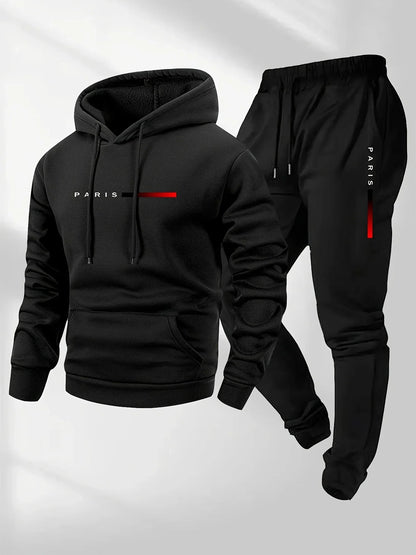 PARIS Letter Print Sweatshirt Suit Men's Fleece Hoodie Pants Set Spring Autumn Winter Warm Casual Sports Pullover Trousers Sets