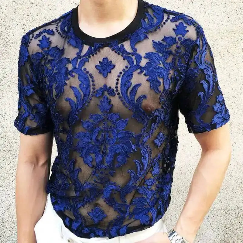 Sexy Round Neck T Shirt Soft Velvet Slim Men Clothing Nightclub Short-sleeved Top Quality Transparent Floral T Shirt See Through