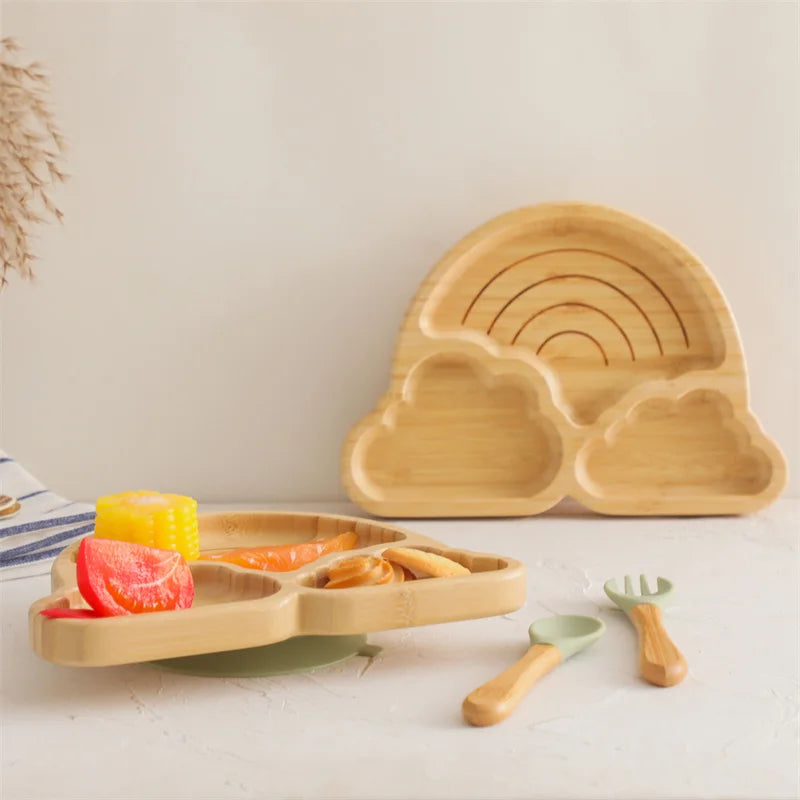 Baby Wooden Tableware Set Wooden Handle Fork Spoon Could Bamboo Wooden Plate Bowl Silicone Suction for Children Feeding Supplies