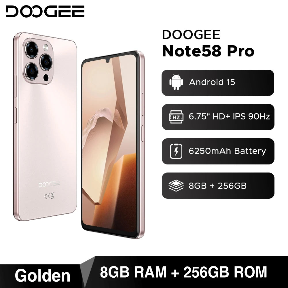 Global Version DOOGEE Note58 Pro Smartphone 6.75" HD+ Display 32GB(8+24) 256GB 6250mAh Battery NFC Android 15 Mobile Phone
