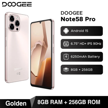 Global Version DOOGEE Note58 Pro Smartphone 6.75" HD+ Display 32GB(8+24) 256GB 6250mAh Battery NFC Android 15 Mobile Phone
