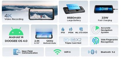 Global Version DOOGEE V40 Pro 5G Rugged Phone 6.78" Display 16GB+512GB Dimensity 7300 200MP AI Camera 8680mAh 33W Fast Charger