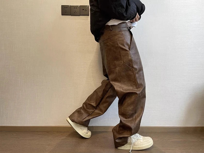 Mauroicardi Autumn Long Retro Cool Baggy Distressed Washed Brown Soft Pu Leather Wide Leg Pants for Men Luxury Designer Clothes