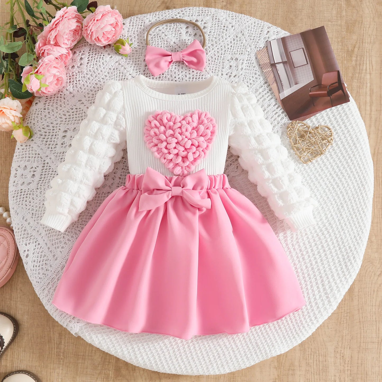 0-3Y Baby Girl Outfit Set 2pcs Puffy Sleeve Heart Shape Top and Corduroy Skirts Valentines Day Sweet Toddler Kids Clothes Girls