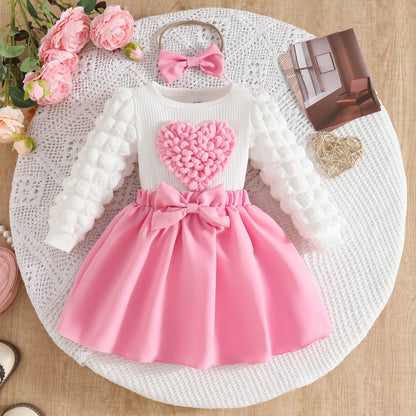 0-3Y Baby Girl Outfit Set 2pcs Puffy Sleeve Heart Shape Top and Corduroy Skirts Valentines Day Sweet Toddler Kids Clothes Girls