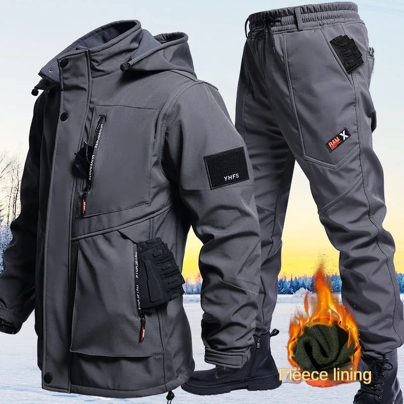 Autumn And Winter Solid Color Hooded And Velvet Assault Set Outdoor Labor Protection Suit Casual Mountaineering Work Suit