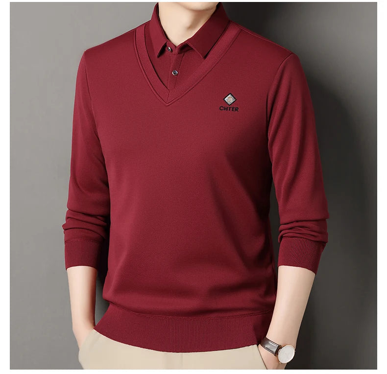 Men's Fleece Lined Sweater Polo Collar Pullover Tops Fashion Business Causal Pullovers Korean Slim Fit Thick Winter Clothes