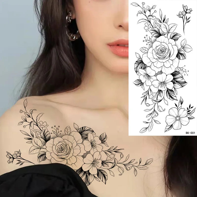 Waterproof Temporary Tattoo Sticker Flowers Roses Lilies Peonies Geometric Patterns Body Art Arm Fake Tattoos Sleeve Women Men