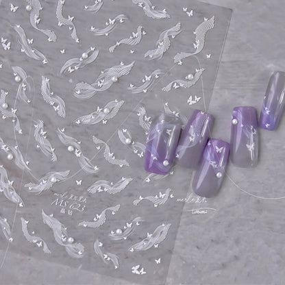 1pcs 5D Diamond Japanese White Lace Bow Nail Art Stickers Pearl Rhinestones Nail Decoration Adhesive Decals Slider DIY Accessory