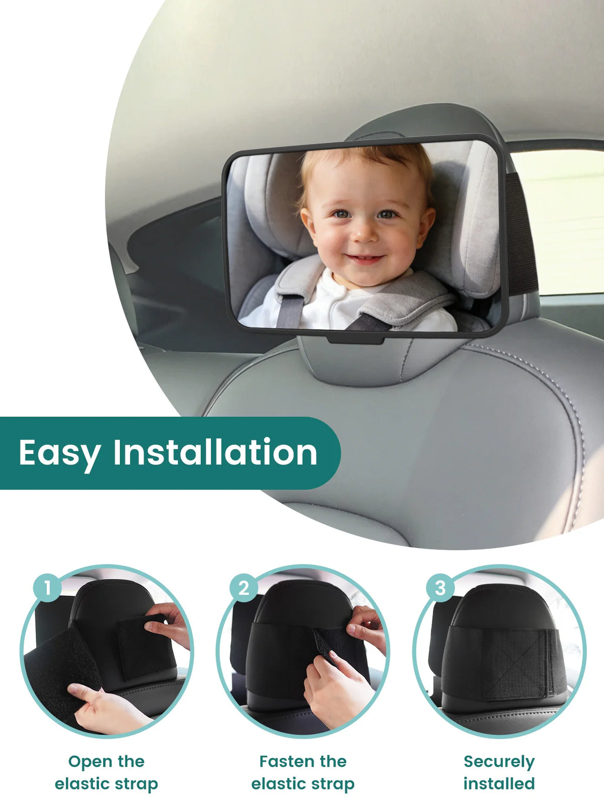 Baby Car Mirror, Shatterproof Rearview Safety Monitor for Infant, Universal Fit for Car Headrests with Non-Slip Strap