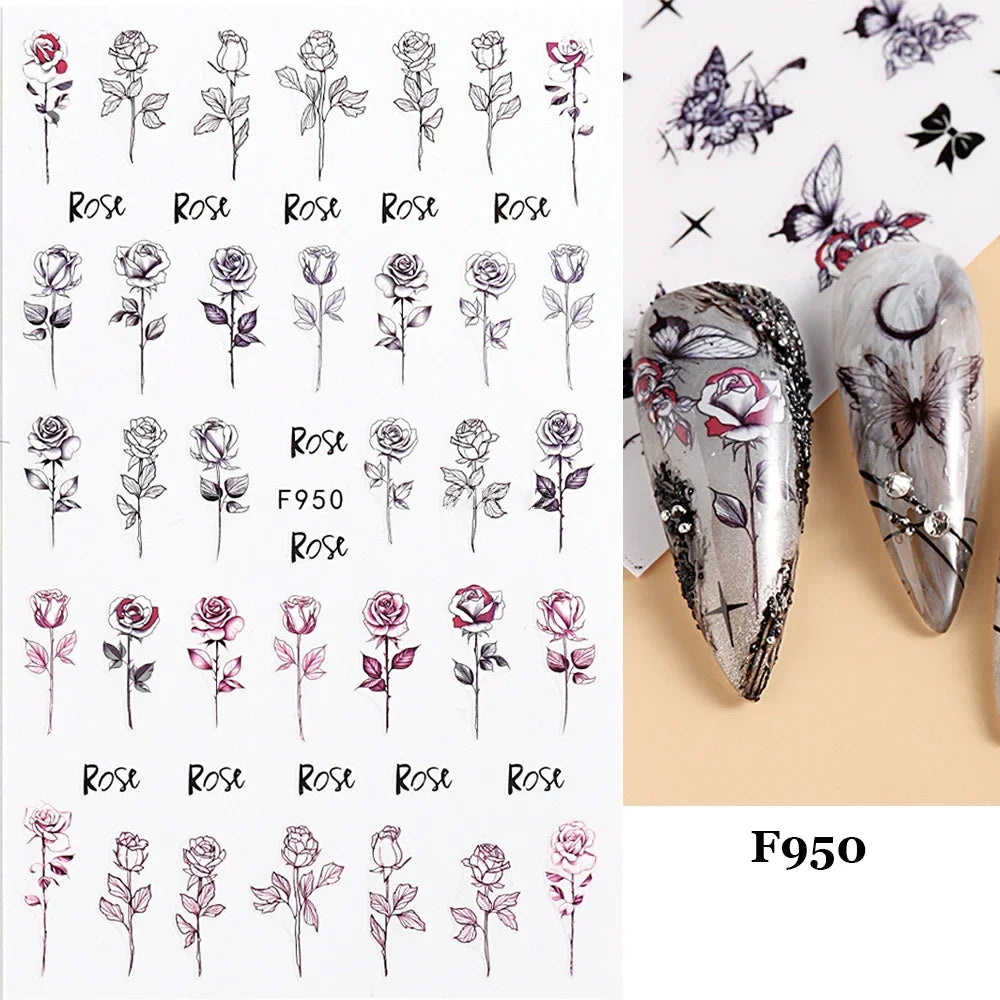 Black and White Love Flowers Line Art 3D Stickers Nail Decals Nail Art Accessories Butterfly Rose Nail Stickers Nail Sliders