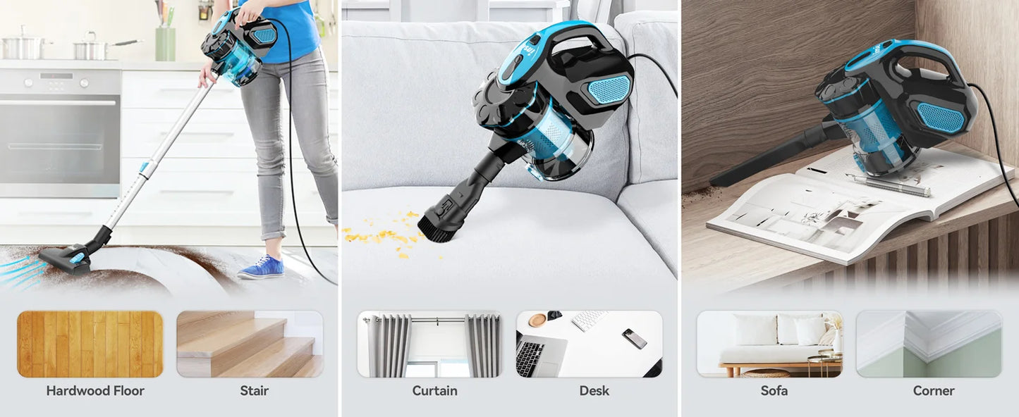 INSE Corded Vacuum Cleaner, 18000Pa Wired Stick Vacuum Cleaner Broom for Hard Floor, I5(Red, Blue)