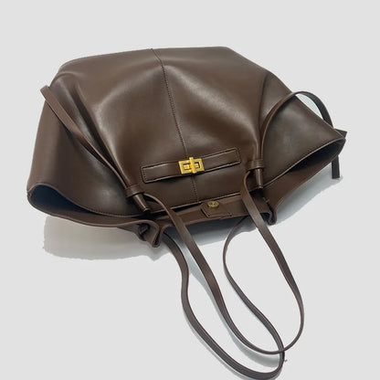 Fashion Large Capacity Trapeze Women Shoulder Bags Designer Metal Lock Handbags High-Quality Pu Leather Big Tote Commute Bag