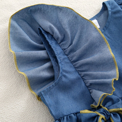 Girls Sweet Dresses Summer  Thin Denim Bow Decoration Flying Sleeve Dress Cute Kids Clothes