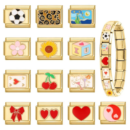 Gold Color Heart Sunflower Cherry Tai Chi Leopard Italian Charm Links Fit 9MM Bracelet Stainless Steel Men Women DIY Making Gift