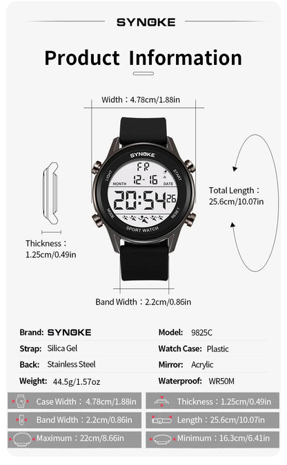 SYNOKE Men Outdoor Sports Multifunctional Waterproof Large Screen Display Luminous LED Digital For Men Fashion Silicon Watch