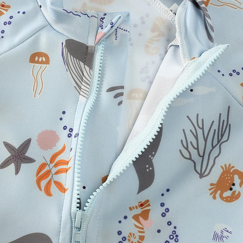 Baby Toddler One-piece Swimsuit With Hat Cartoon Print Kids Short Sleeve Zipper Swimwear Sun Protection For 0-7Y Boys Girls