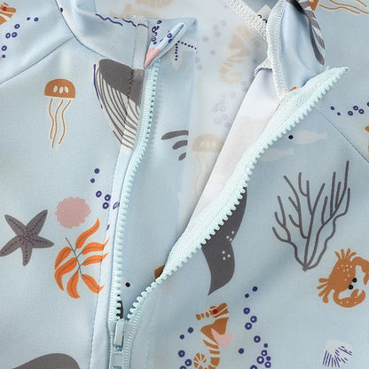 Baby Toddler One-piece Swimsuit With Hat Cartoon Print Kids Short Sleeve Zipper Swimwear Sun Protection For 0-7Y Boys Girls