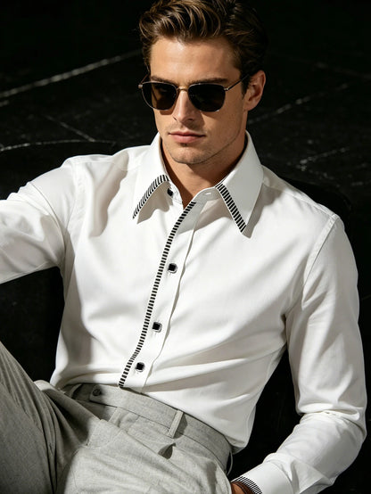 New Men Patchwork Shirt Fashion Dress Tuxedo Long Sleeve Smart Casual Four Season Man Micro Elastic Shirts