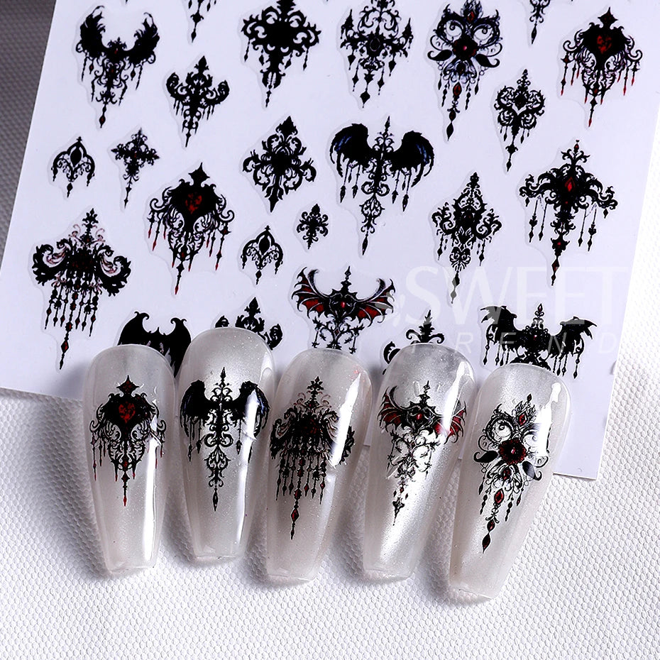 7/8pcs 3D Gothic Black Halloween Nail Stickers Cool Design Alphabet Letter Lace Castle Skull Y2K Manicure Decoration Accessories